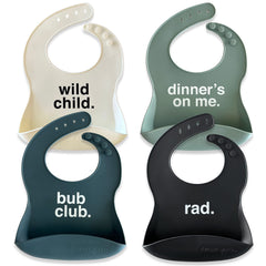 Denver James silicone feeding bib with embossed sayings keeps outfits clean during messier meals