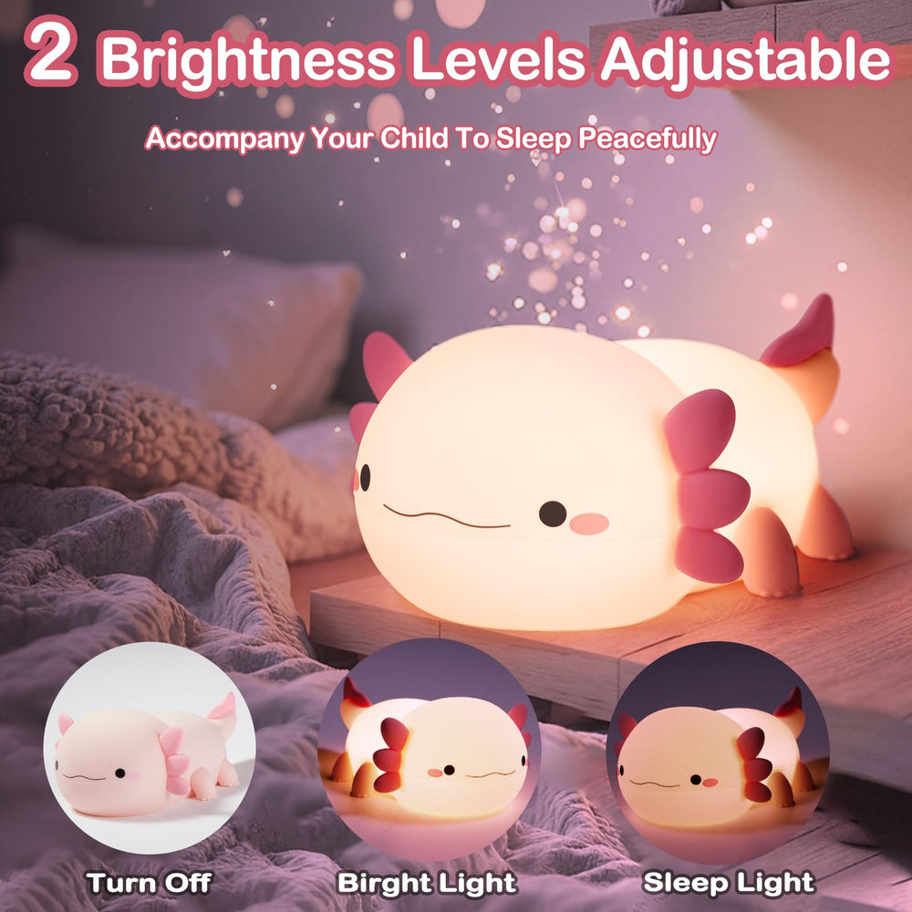 Deogos Axolotl lamp demonstrates dimmable brightness for reading and calming atmosphere.