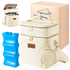 DerBiedersinn breastmilk cooler bag beige with full bottom bottle capacity for six 9oz bottles
