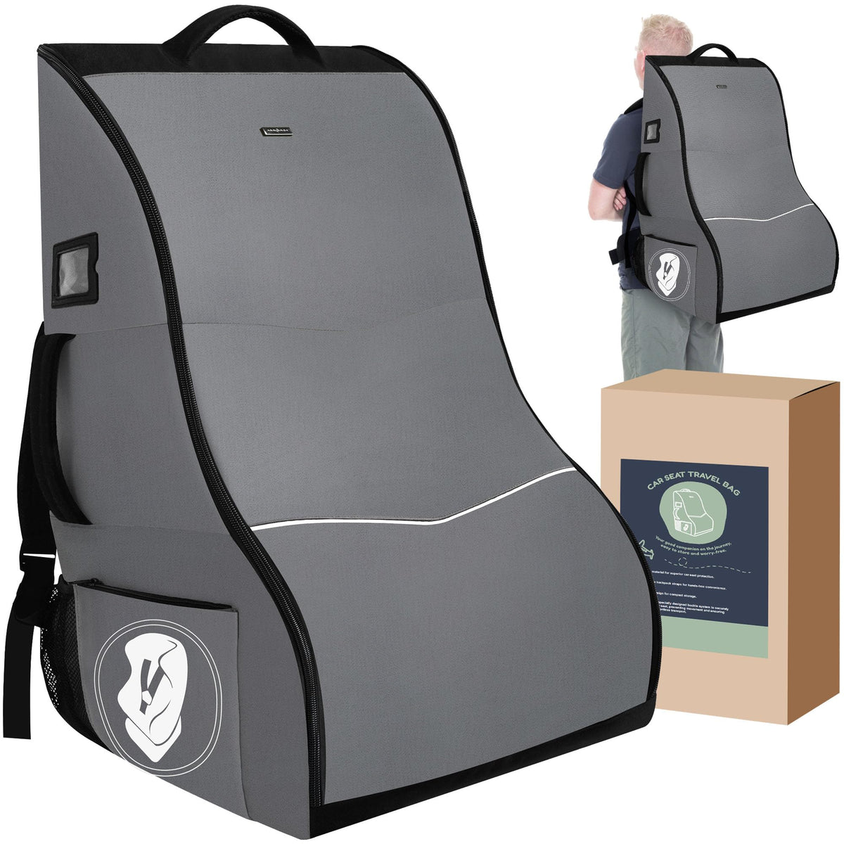 DerBiedersinn car seat travel bag front view protects seats during air travel