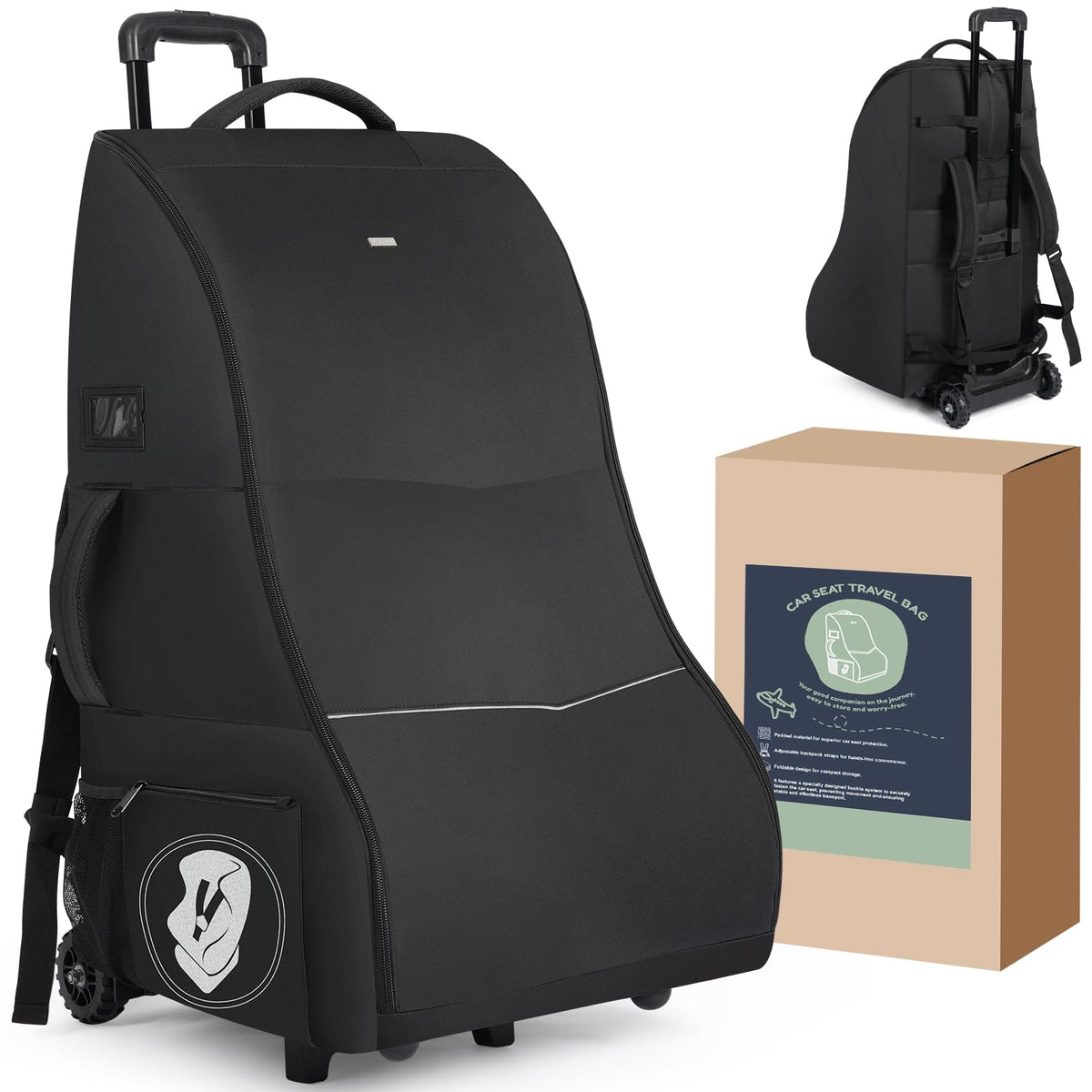 DerBiedersinn car seat travel bag with wheels at airport, smooth rolling through terminal.