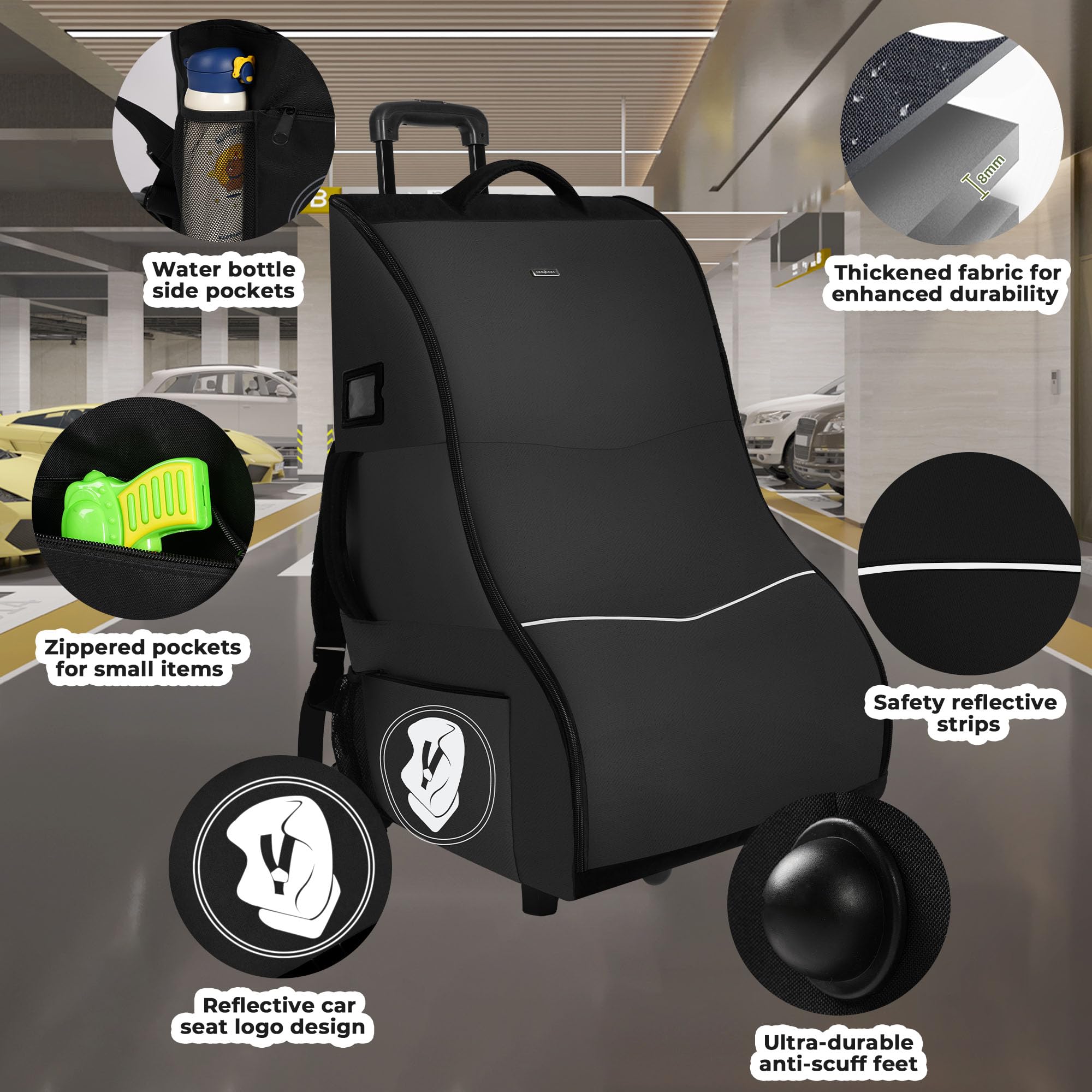 DerBiedersinn car seat bag features name-tag slot for quick identification.