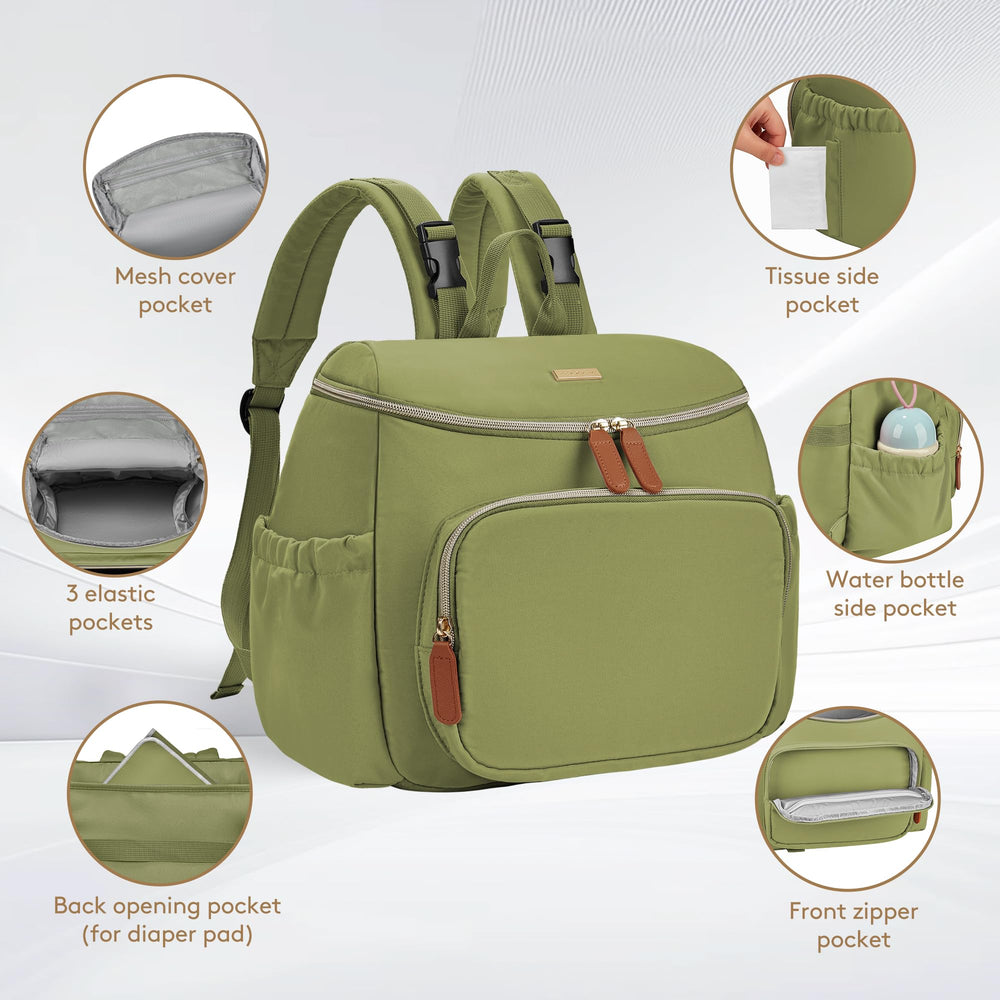 DerBiedersinn green diaper bag front view showcasing smart storage with insulated pockets for bottles.