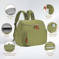 DerBiedersinn green diaper bag front view showcasing smart storage with insulated pockets for bottles.