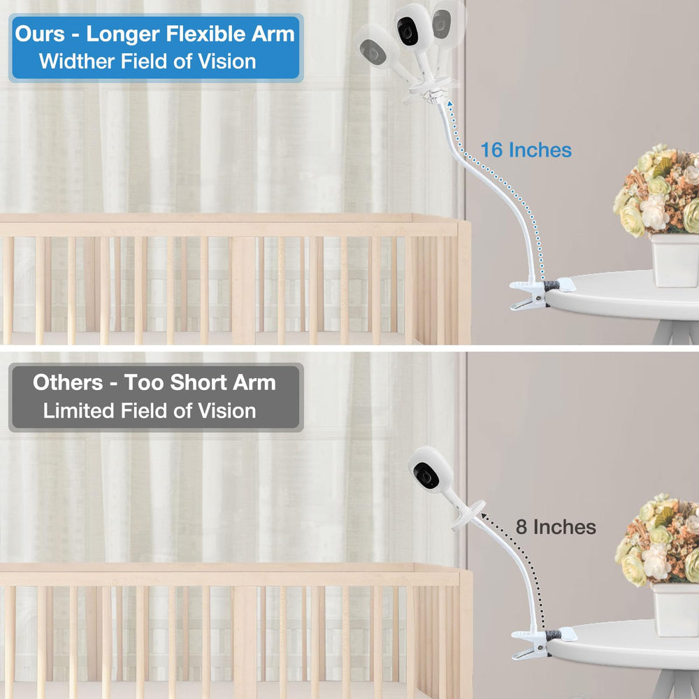 Derebir baby monitor clip mount with 16-inch gooseneck for extended reach.