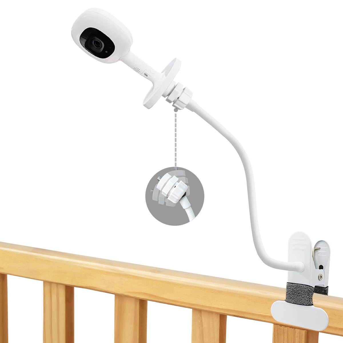 Derebir baby monitor clip mount on crib showing secure, clamp-safe attachment.