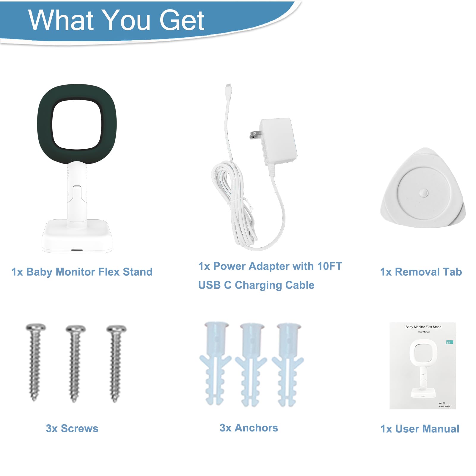 Derebir Nanit Pro travel stand package contents including screws and adapters.
