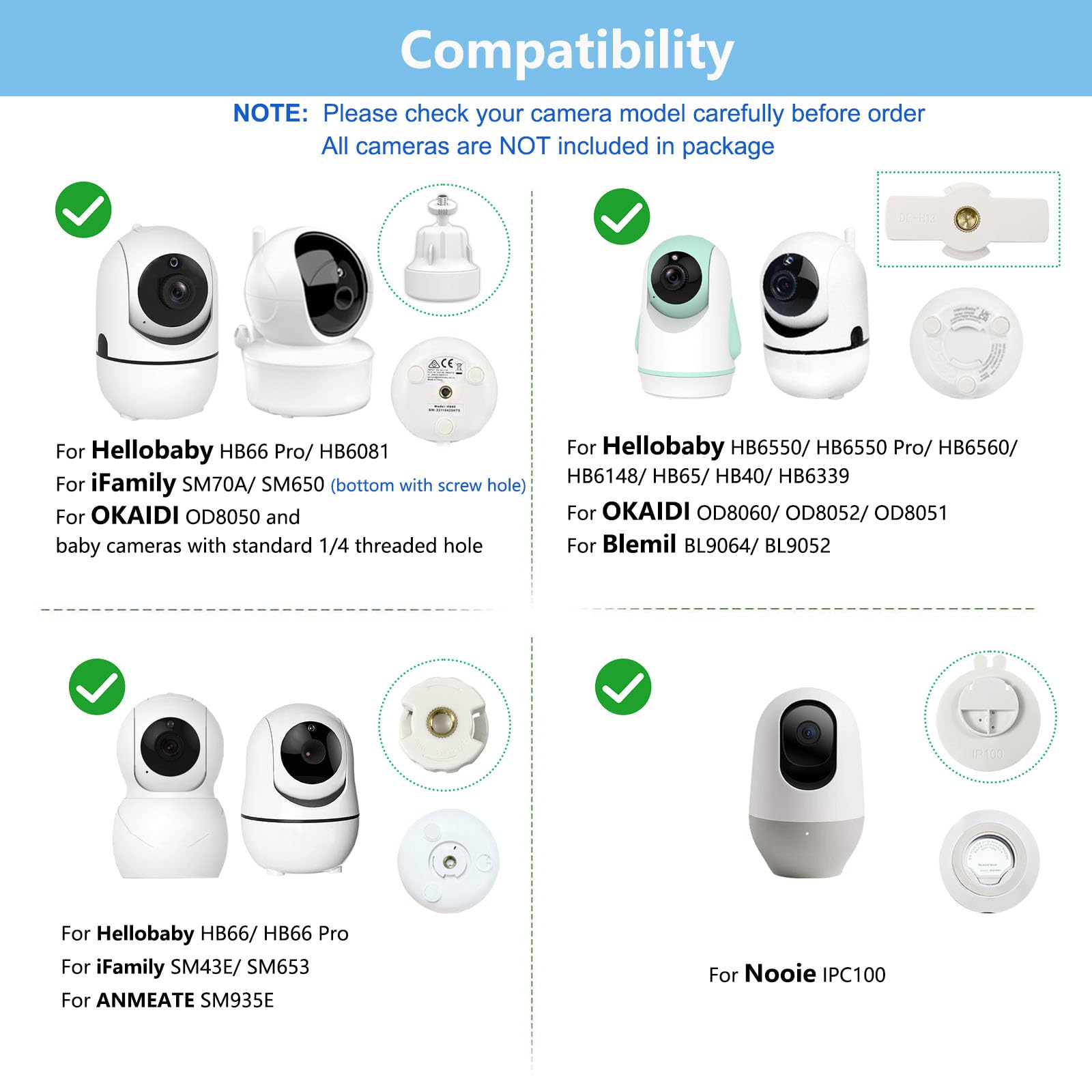 Derebir compatibility with Hellobaby and Nooie enables flexible mounting options.