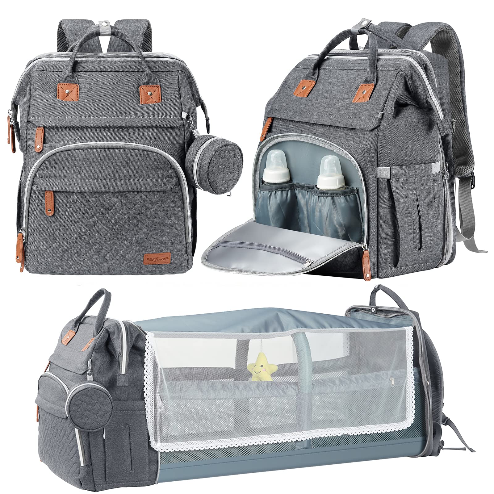 DERJUNSTAR diaper bag backpack shows spacious storage for diaps, wipes, and bottles
