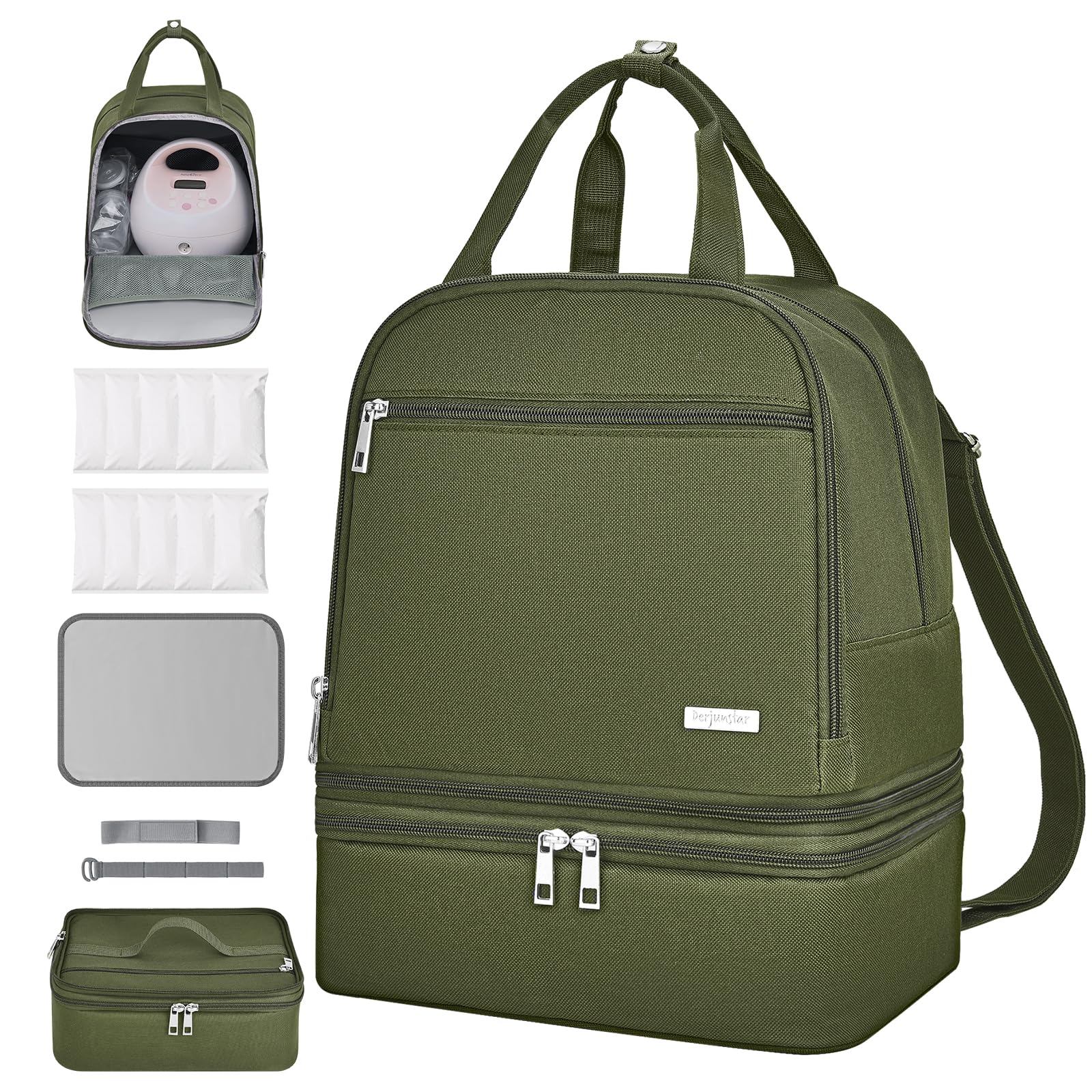 DERJUNSTAR breast pump backpack front view for organized on-the-go pumping.