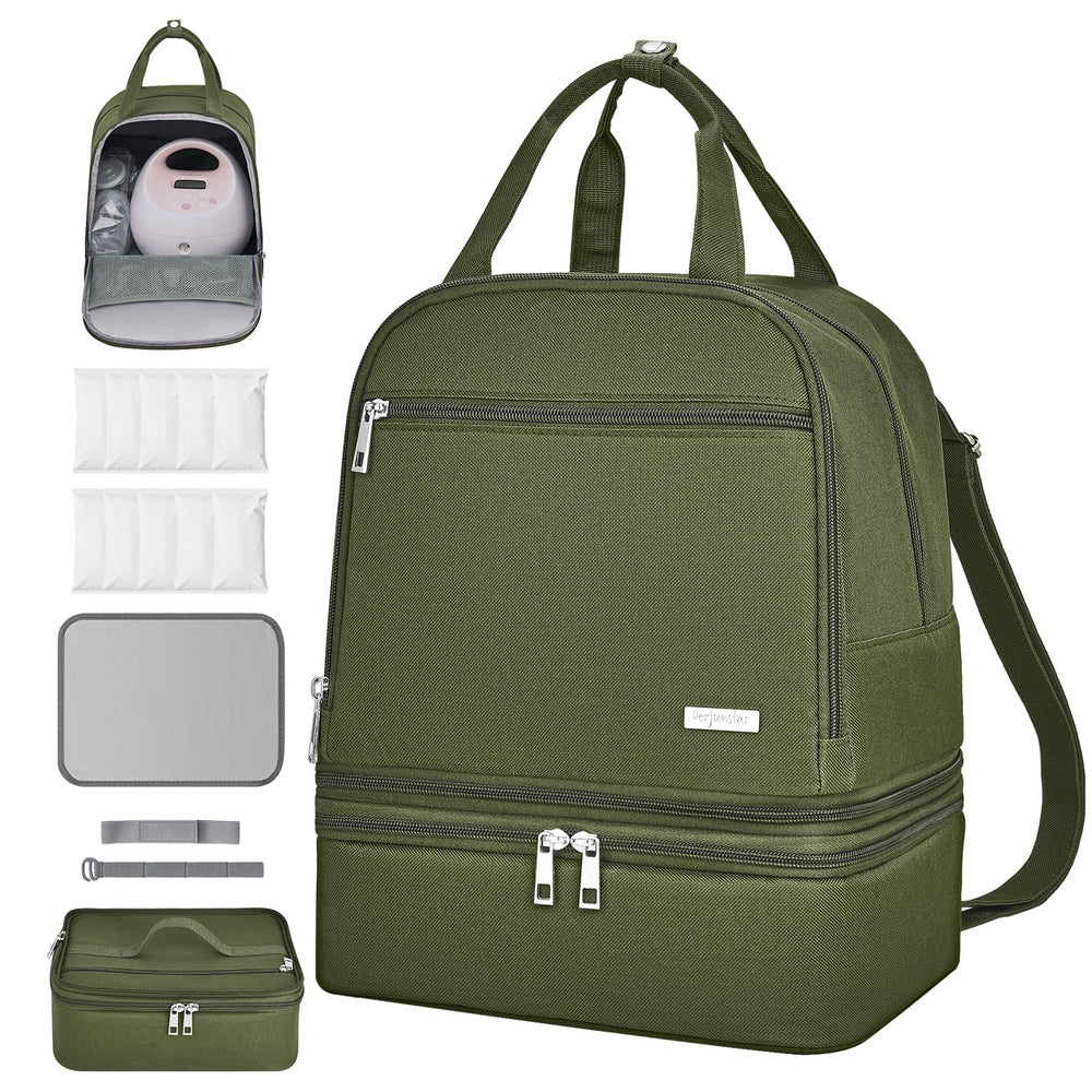 DERJUNSTAR breast pump backpack front view for organized on-the-go pumping.