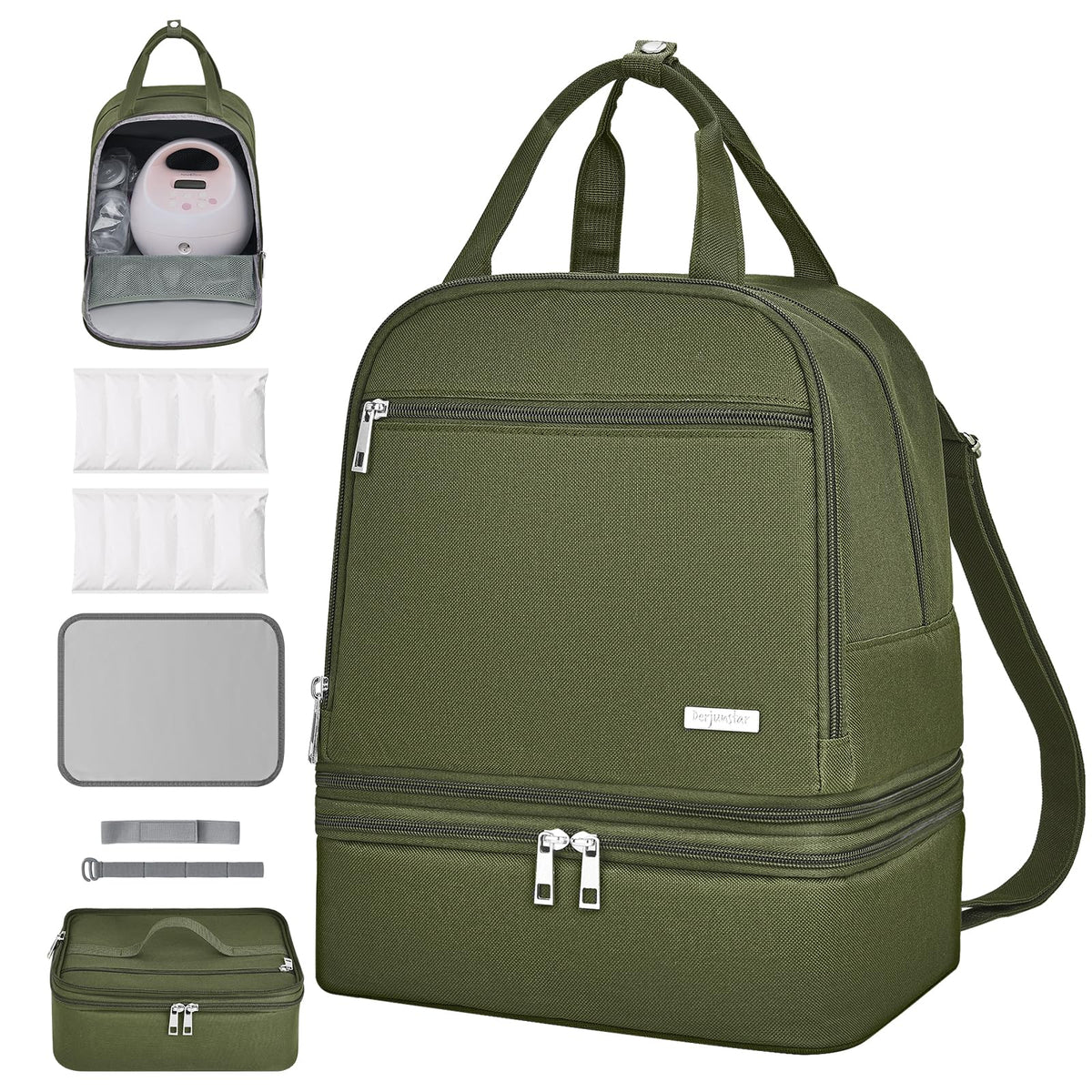 DERJUNSTAR breast pump backpack front view for organized on-the-go pumping.