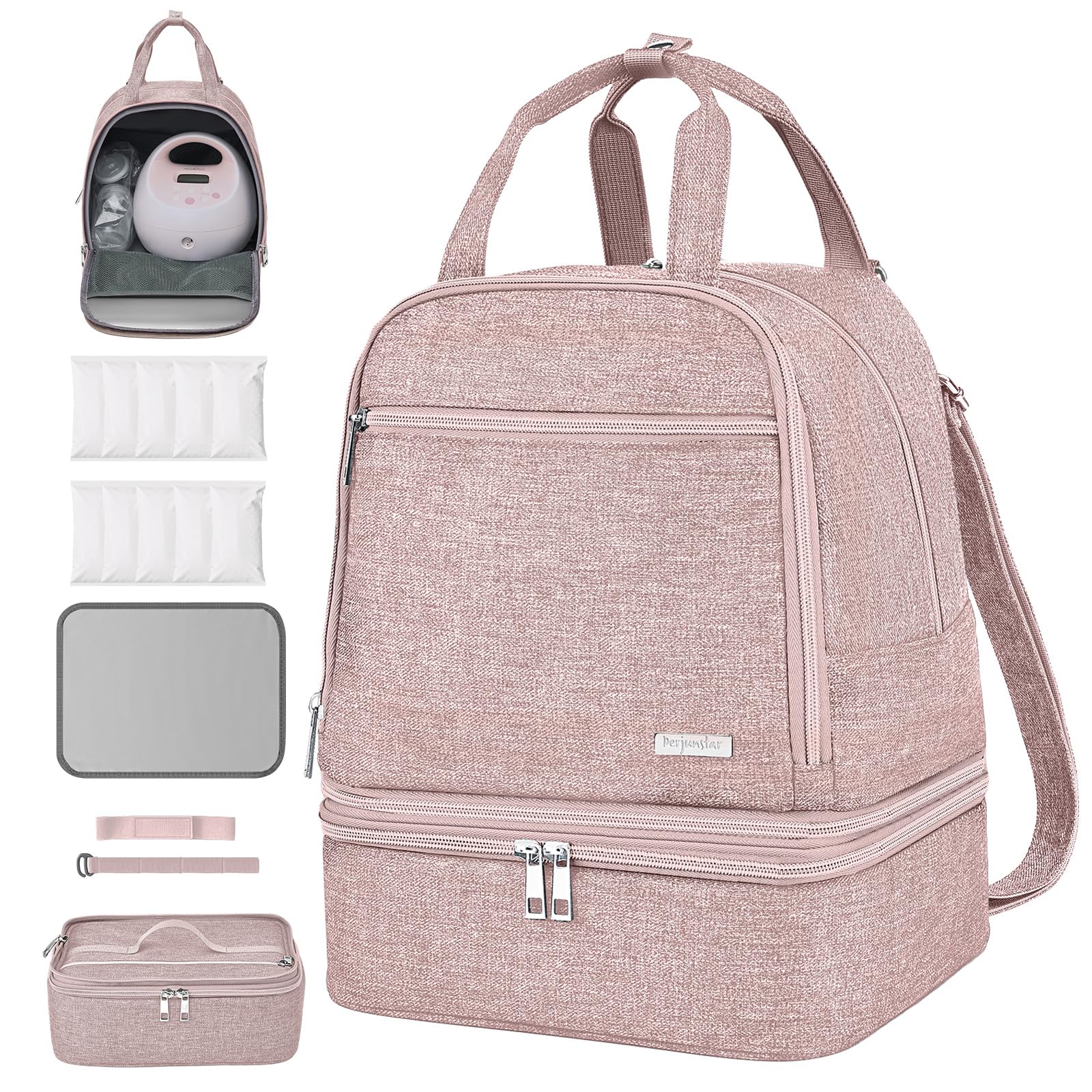 DERJUNSTAR breast pump bag front pink shows compact organization for on the go moms