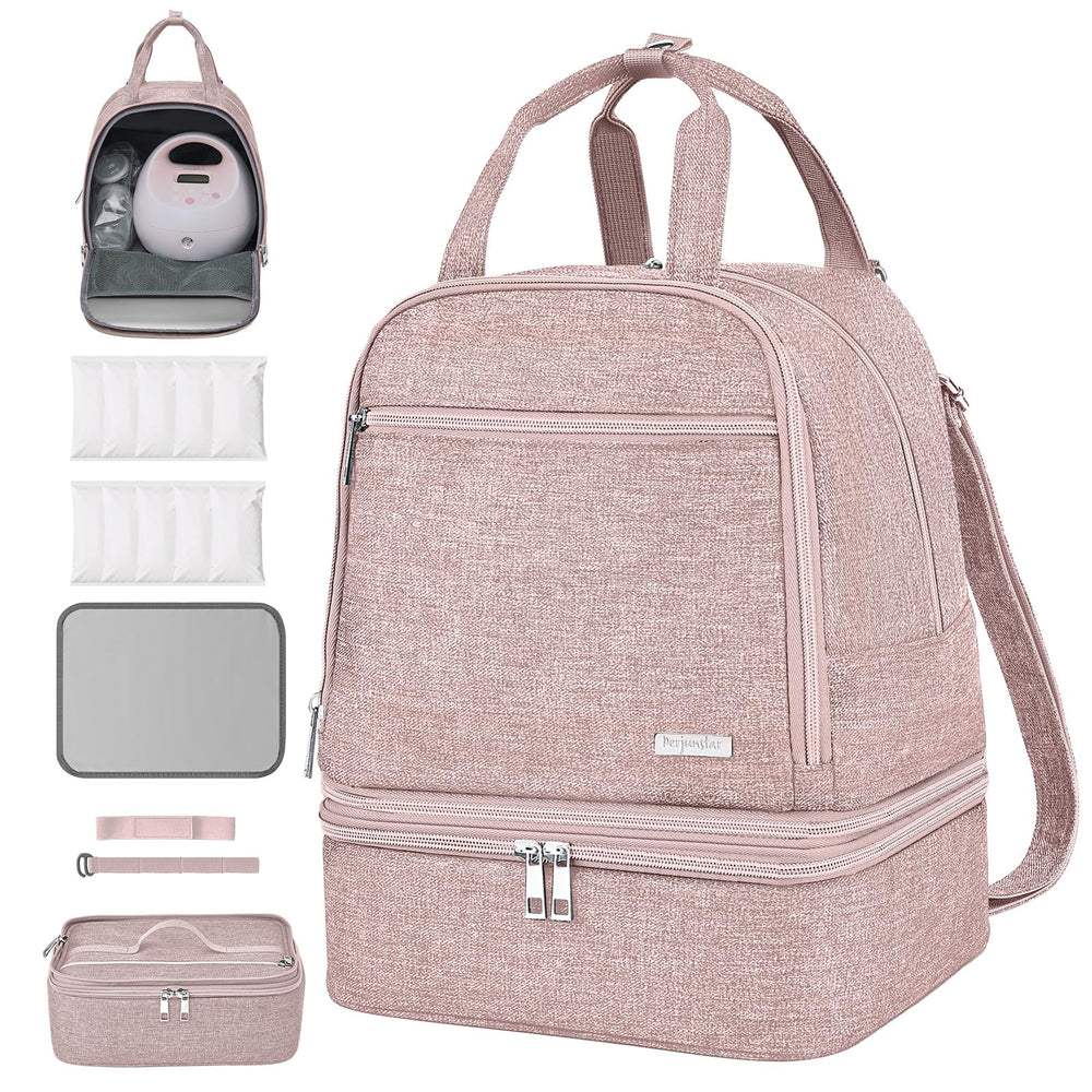 DERJUNSTAR breast pump bag front pink shows compact organization for on the go moms