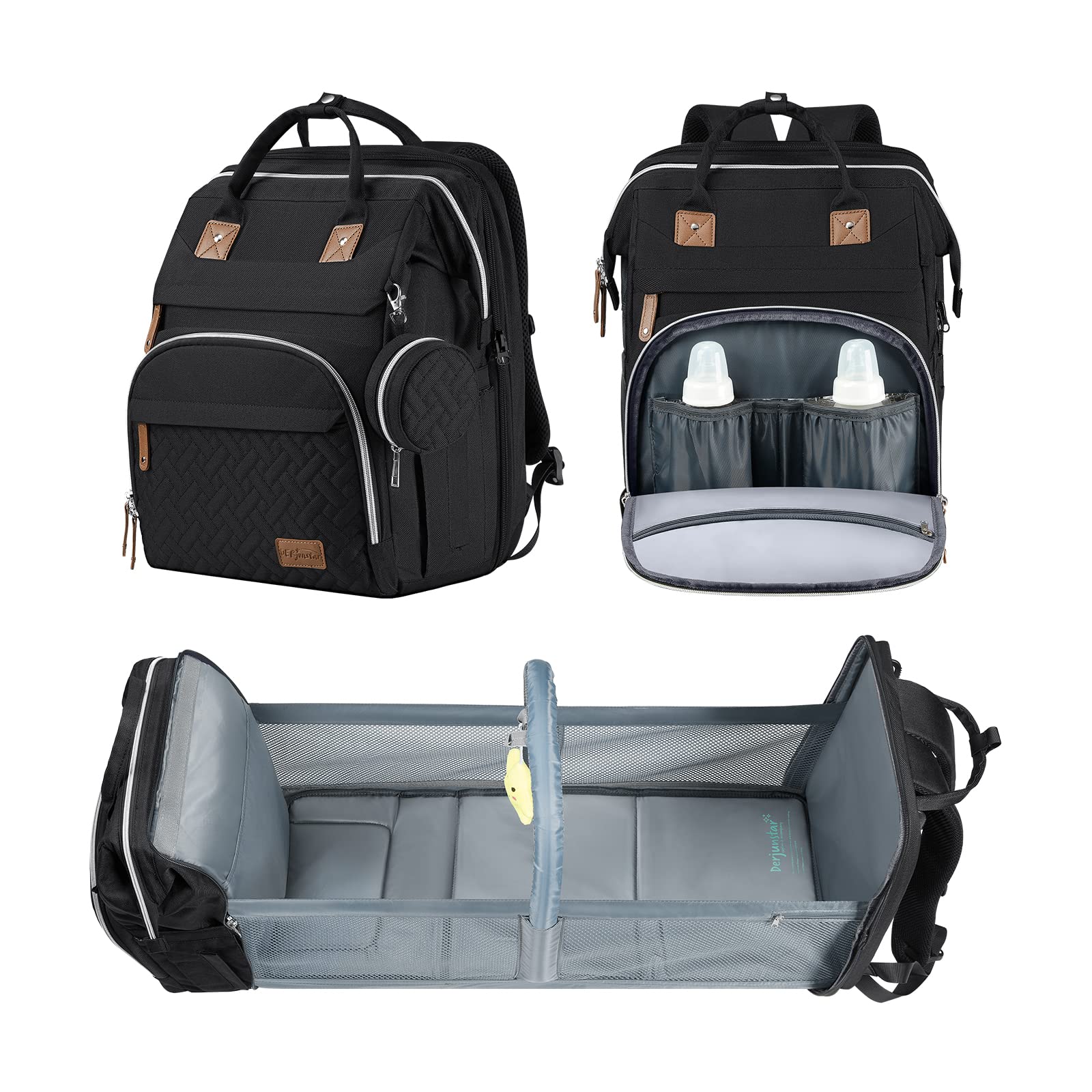 DERJUNSTAR diaper bag backpack front view with spacious pockets for daily baby essentials.
