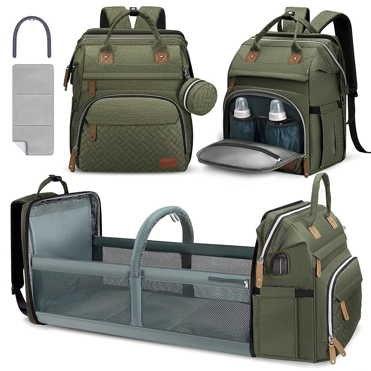 DERJUNSTAR diaper bag backpack front view with quick-access pockets for on-the-go parenting