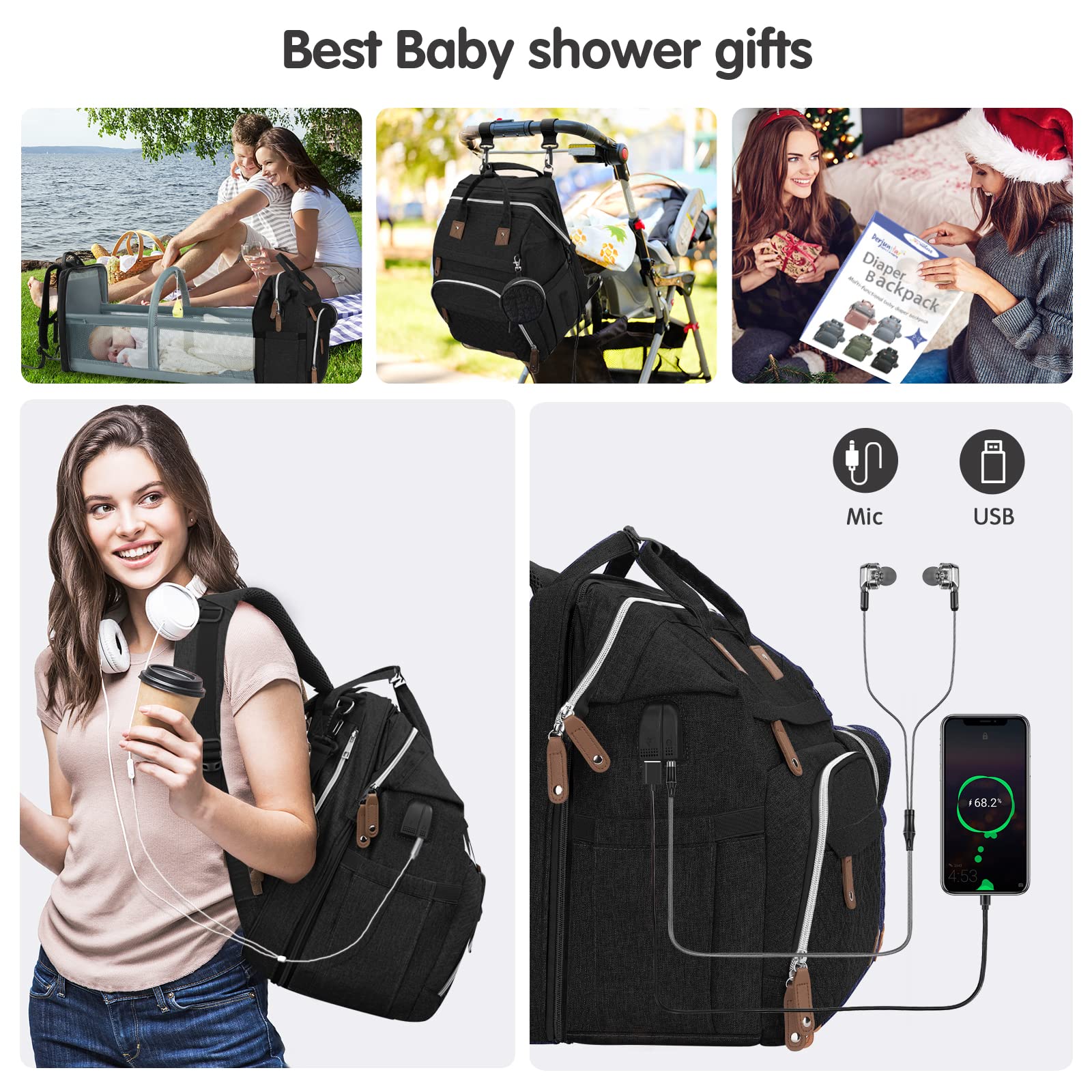 DERJUNSTAR diaper bag USB port enables charging phones during outings