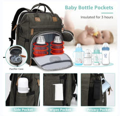DERJUNSTAR large-capacity pockets keep diapers, wipes, and bottles organized