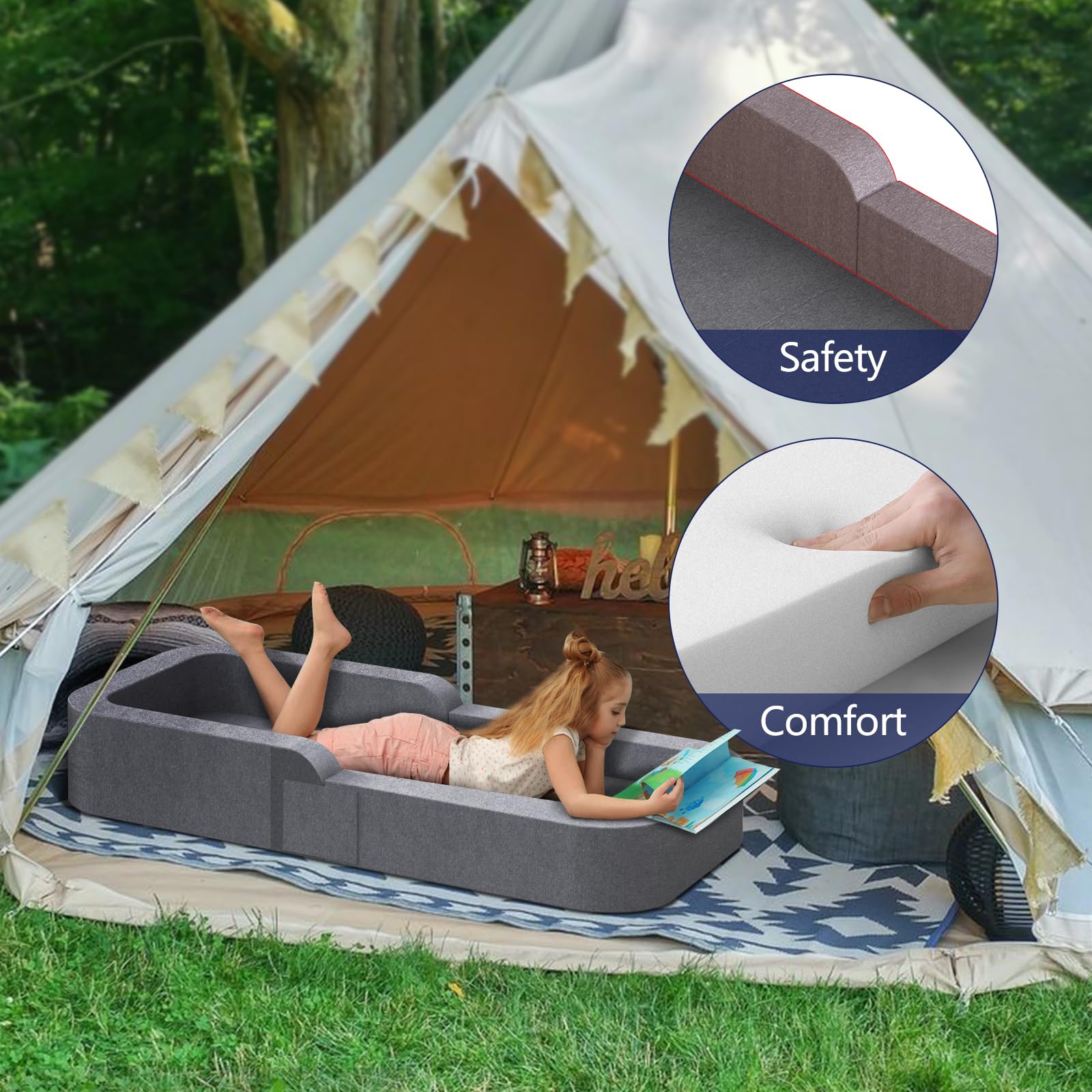 Derson Toddler Travel Bed sofa mode dimensions showing lounging space.