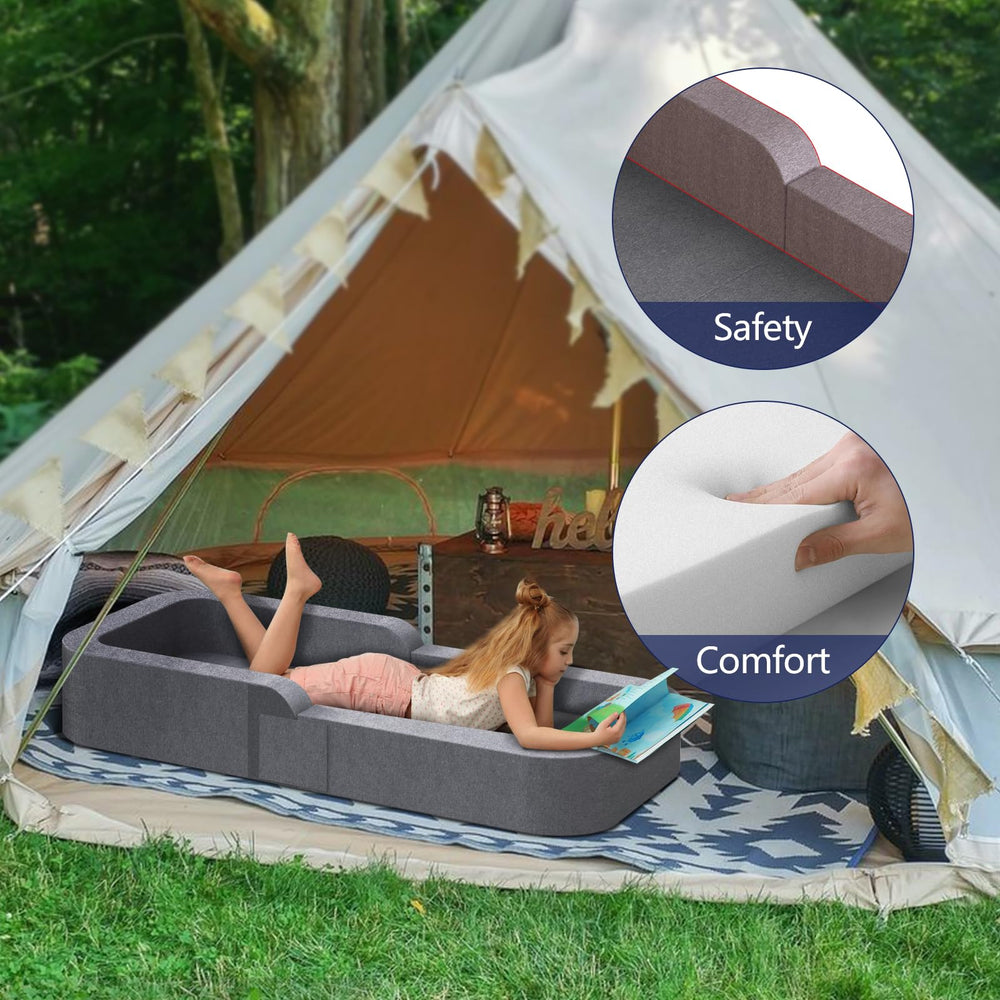 Derson Toddler Travel Bed sofa mode dimensions showing lounging space.
