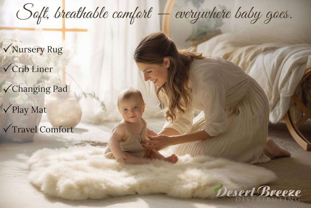 Desert Breeze Distributing lambskin baby rug in nursery decor with creamy natural tone.
