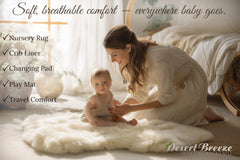 Desert Breeze Distributing lambskin baby rug in nursery decor with creamy natural tone.