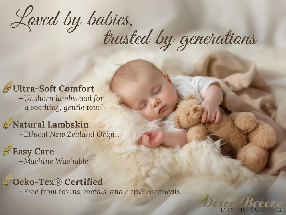 Desert Breeze Distributing lambskin baby rug shown as travel/stroller liner for on-the-go comfort.