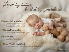 Desert Breeze Distributing lambskin baby rug shown as travel/stroller liner for on-the-go comfort.