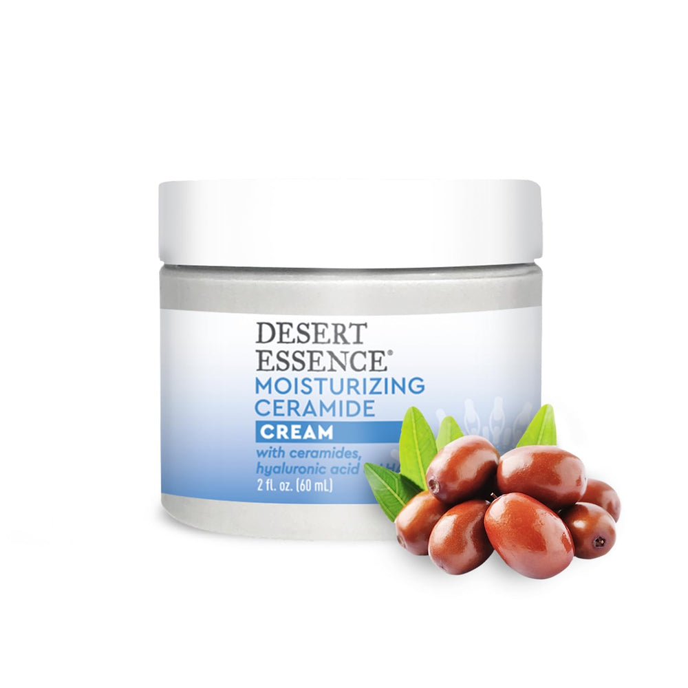 Desert Essence ceramide cream packaging - vegan, gluten-free formula for clean skincare.