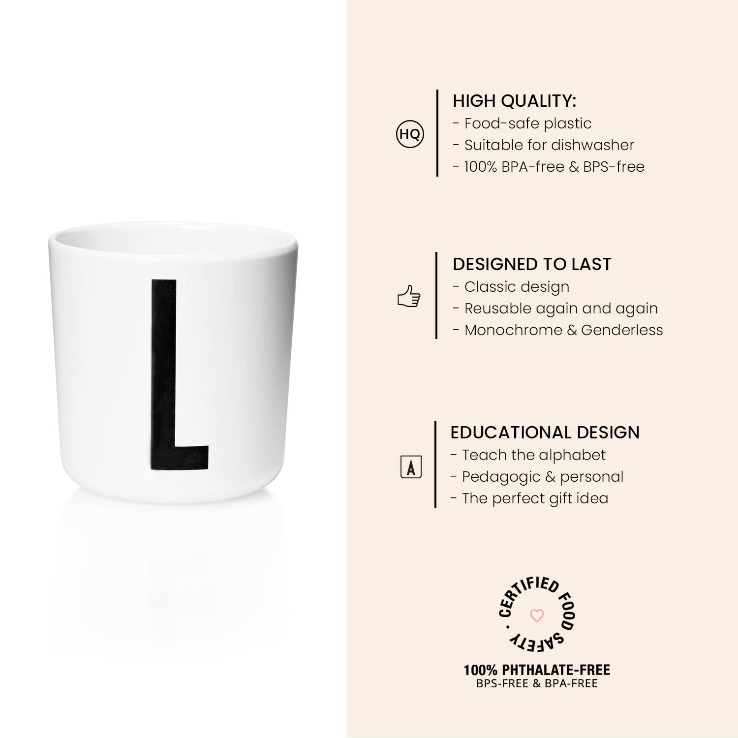 Design Letters Danish-inspired cup close-up highlighting durable, kid-friendly construction.