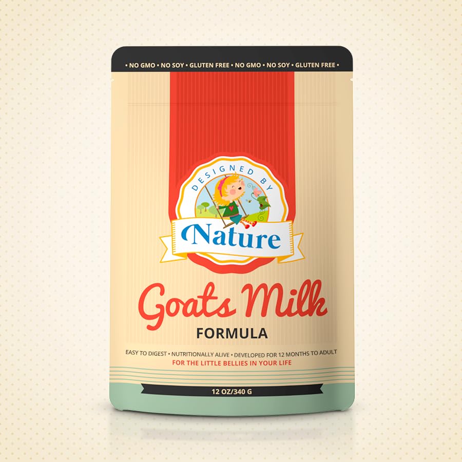 Designed by Nature goat milk formula bottle shows gentle, easy-to-digest nutrition for growing tummies