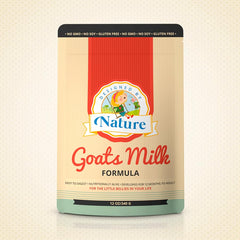 Designed by Nature goat milk formula bottle shows gentle, easy-to-digest nutrition for growing tummies