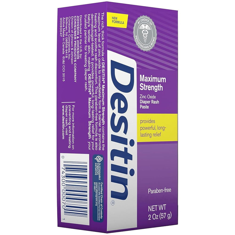 Desitin diaper-area use shown for soothing care during diaper changes.