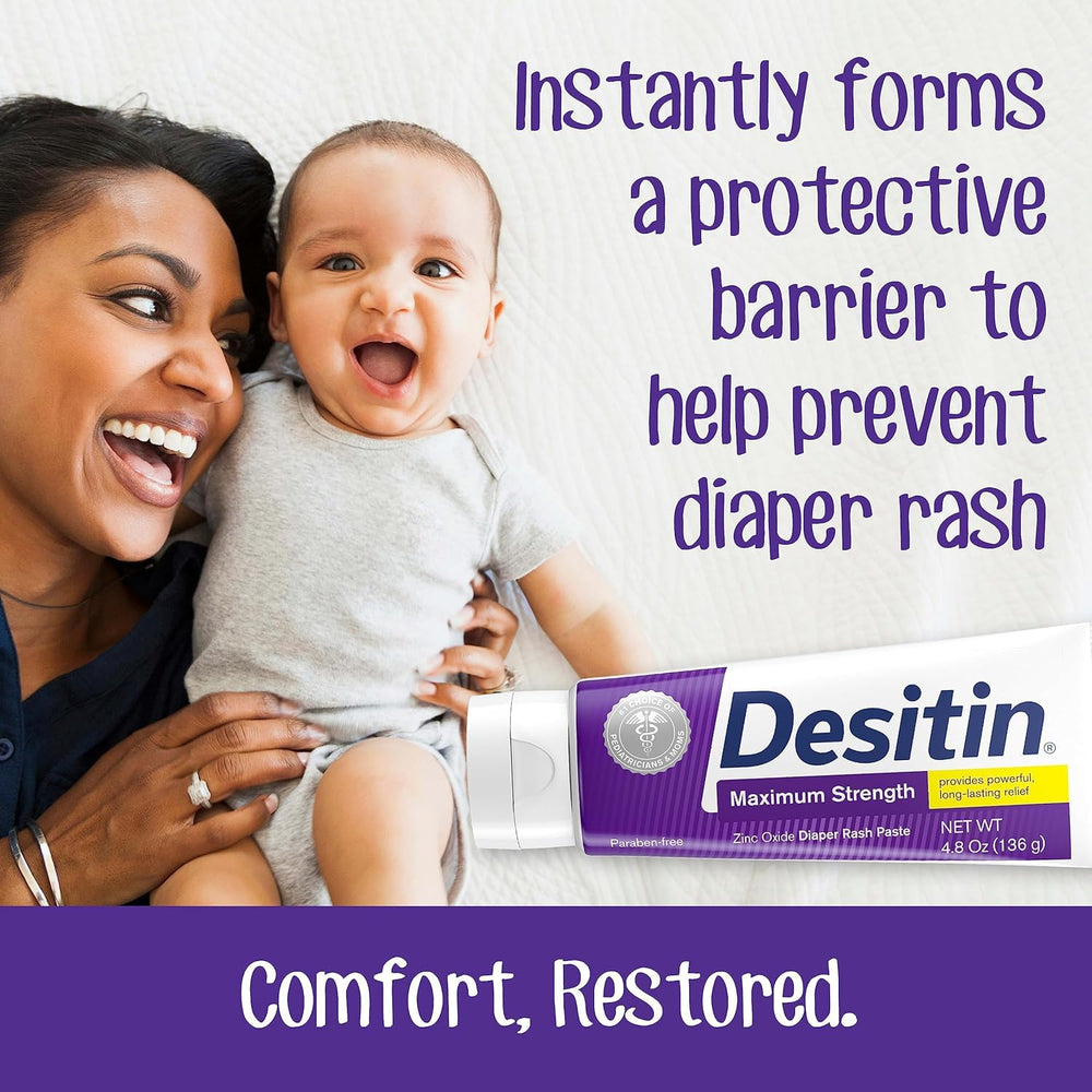 Desitin diaper rash ointment application on baby skin shows soothing a tender area.