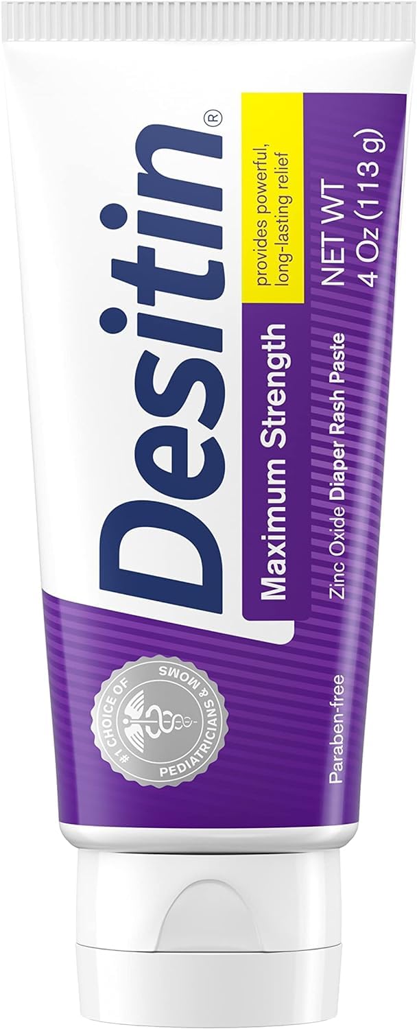 Desitin maximum-strength 4oz tube back label highlights zinc oxide and hypoallergenic formula.