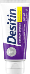 Desitin maximum-strength 4oz tube back label highlights zinc oxide and hypoallergenic formula.