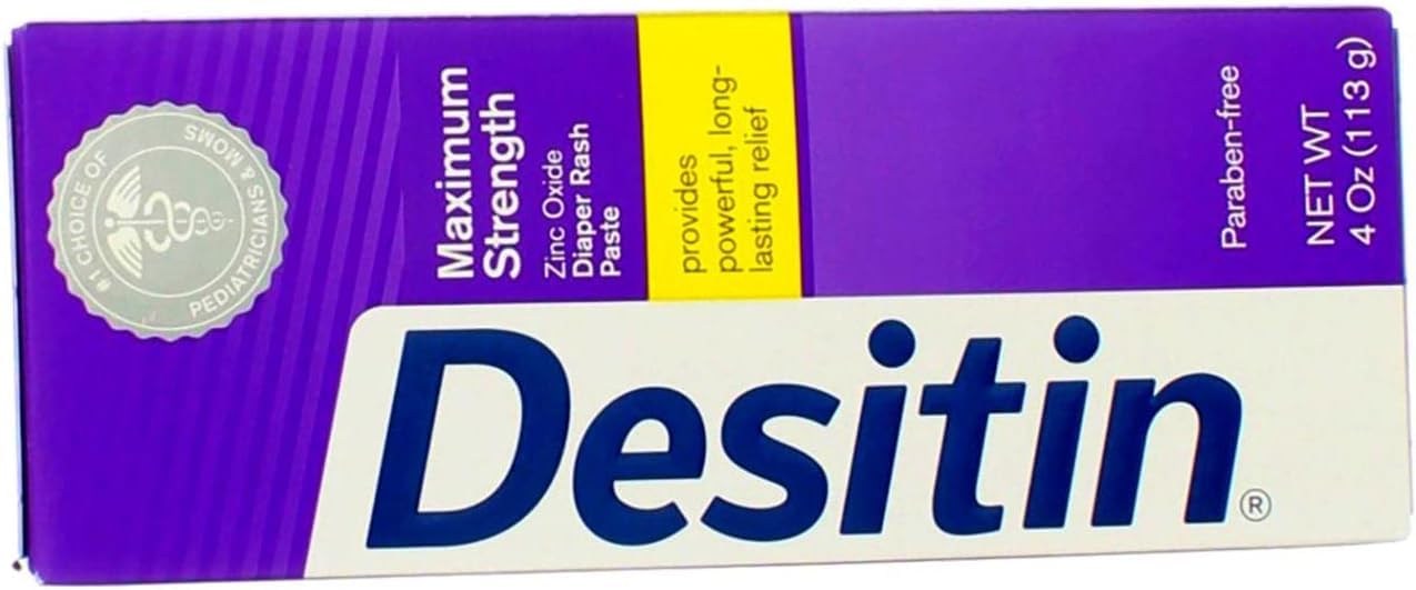 Desitin maximum-strength diaper rash paste 4oz tube front view for barrier protection.