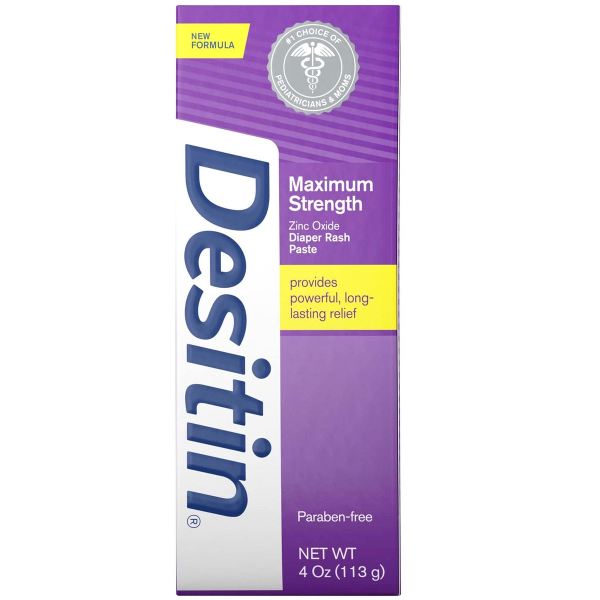 Desitin Maximum Strength paste tube front view showing barrier protection for delicate skin