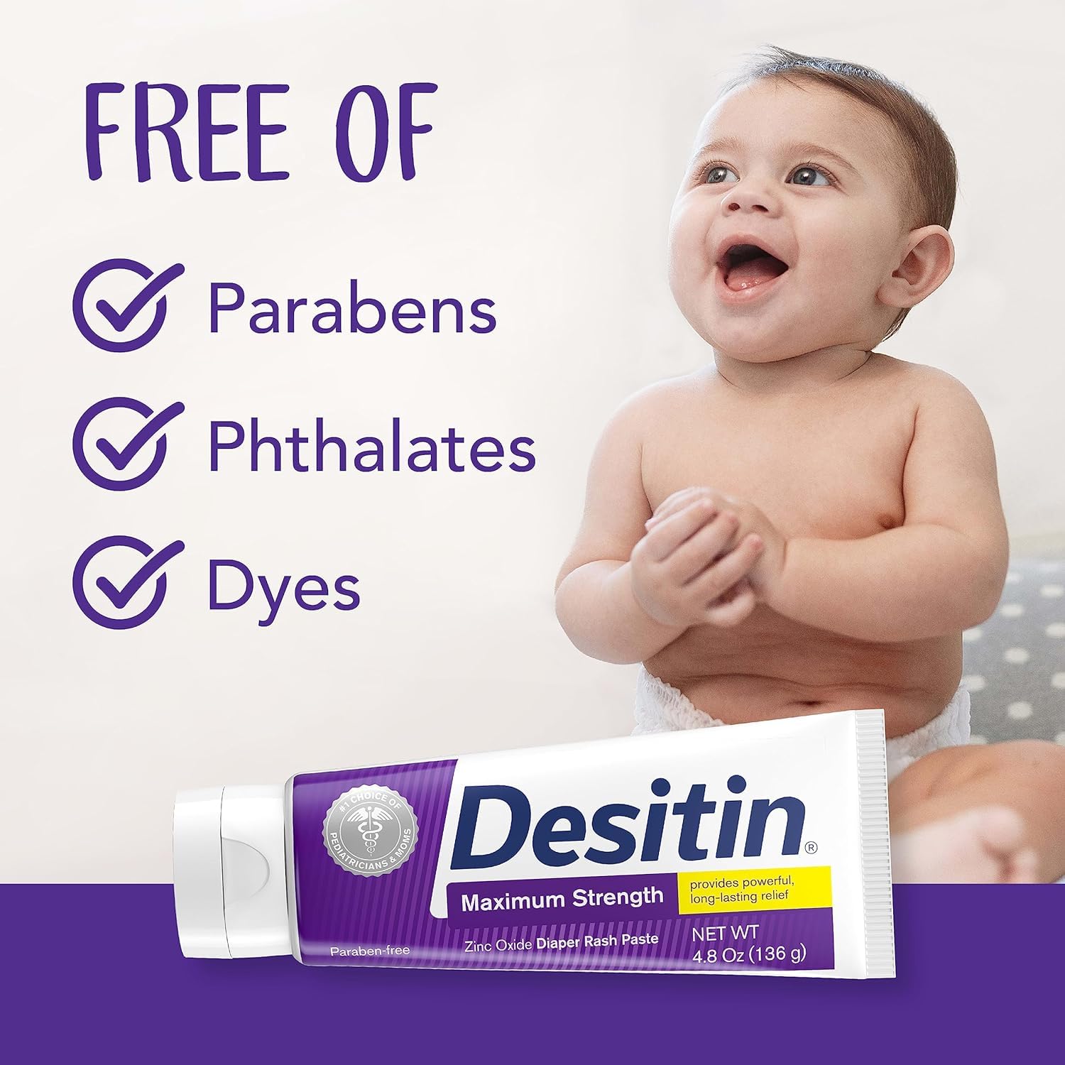 Desitin maximum-strength zinc oxide image highlights strong protective layer for quick relief.