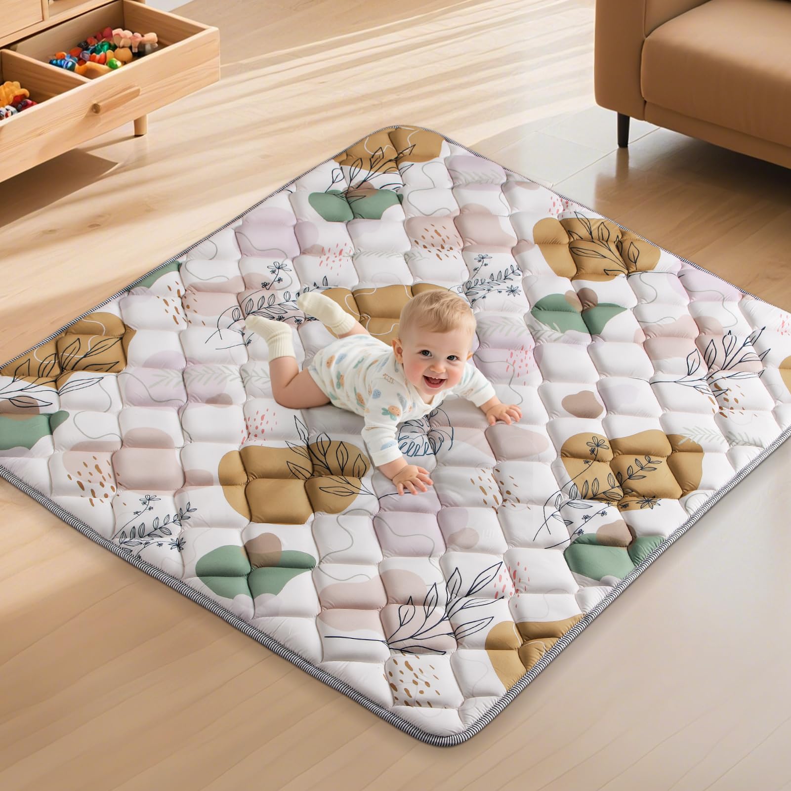 Dessports baby play mat folded for travel cushioning.