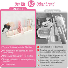 Detsuk pink travel bottle cleaner kit brush closeup highlights silicone bristles that are gentle yet effective