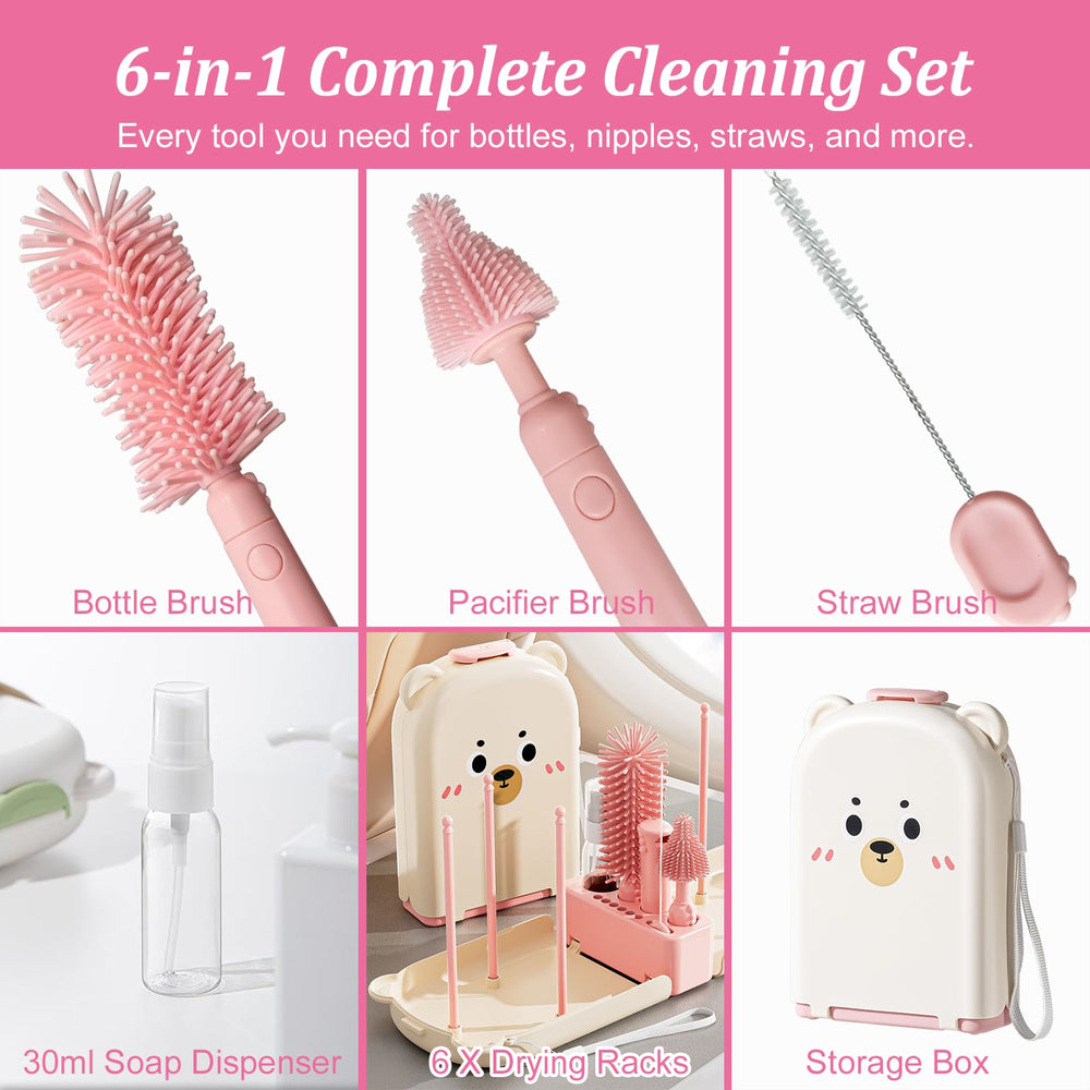 Detsuk pink travel bottle cleaner kit drying rack highlights upright air-dry capability with six pegs
