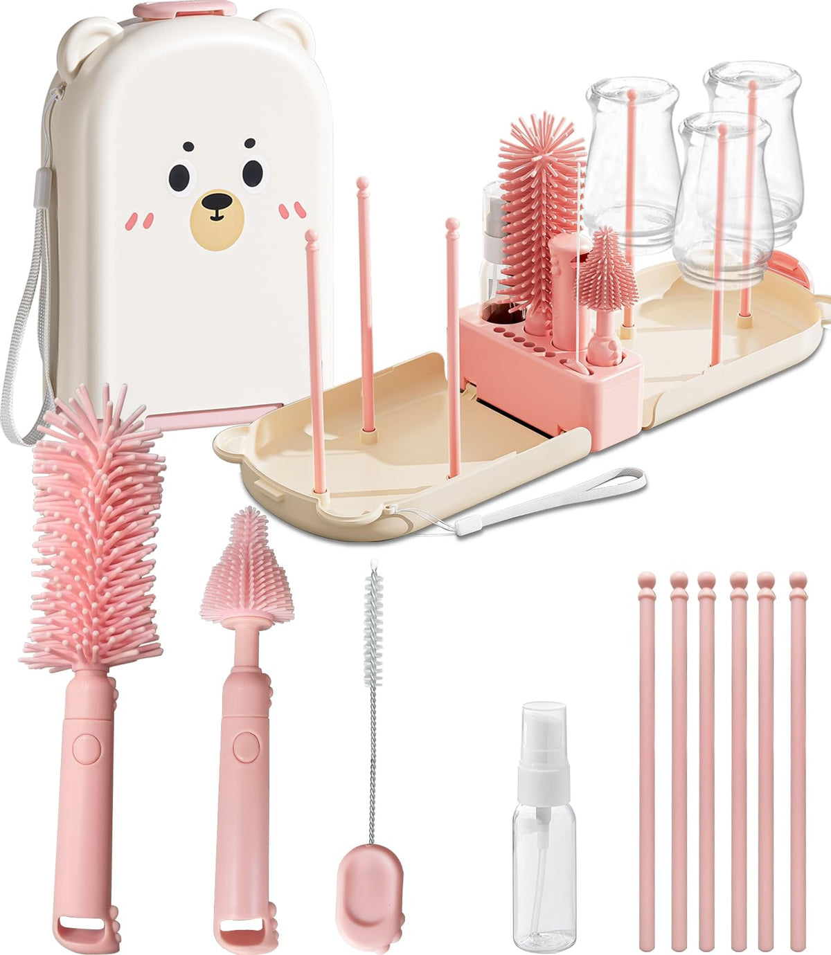 Detsuk pink travel bottle cleaner kit package showcases a complete on-the-go cleaning solution