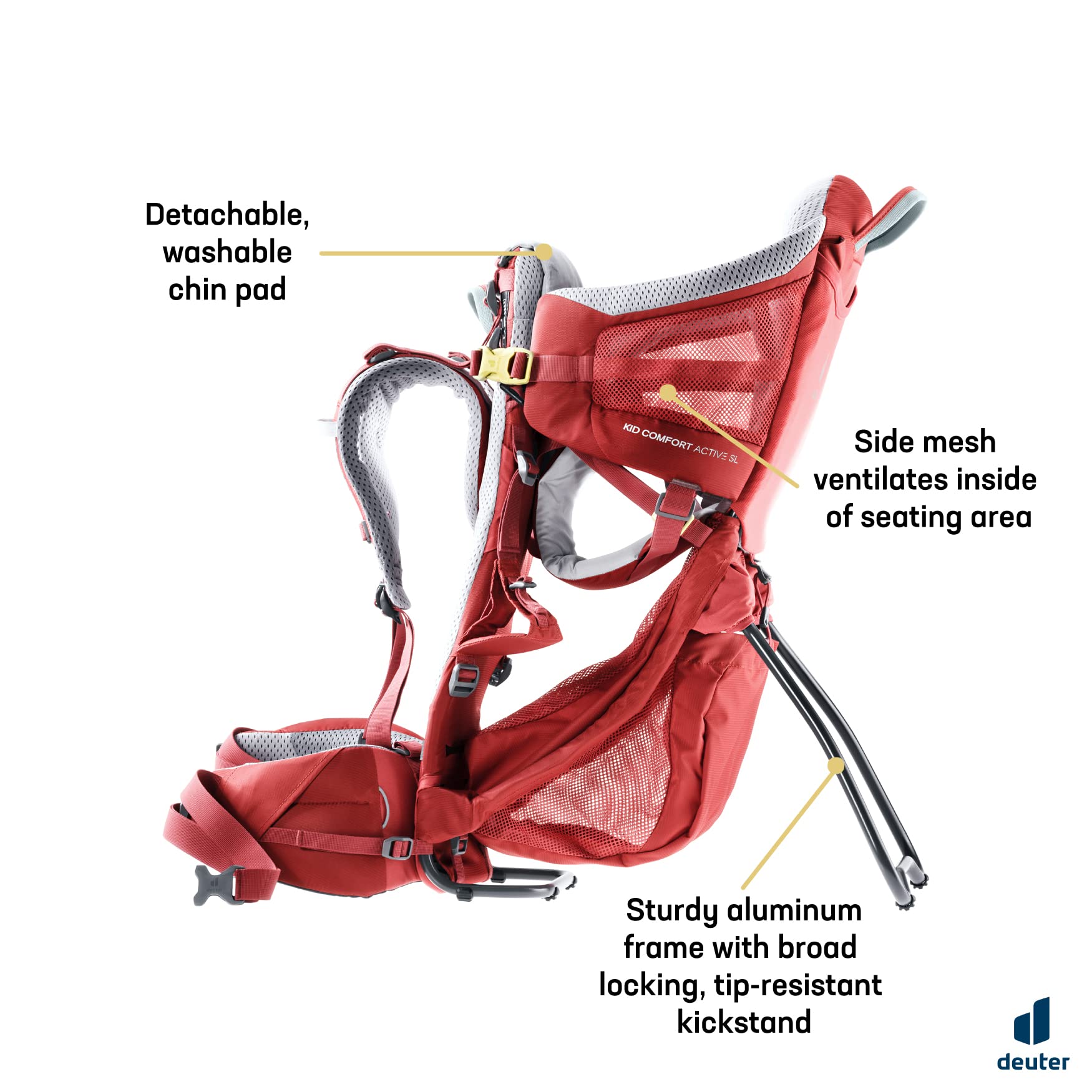 Deuter Kid Comfort Active SL detachable chin rest for quick cleaning.