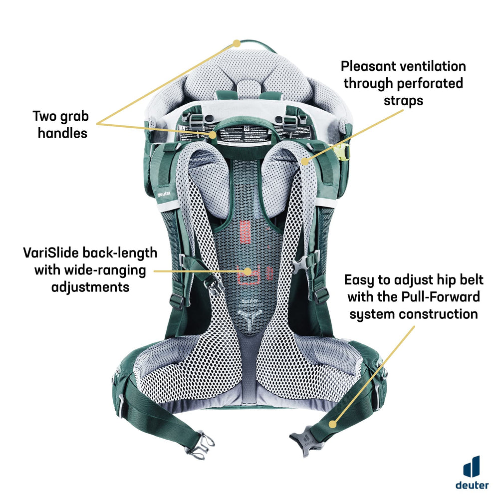 Deuter Kid Comfort padded hip belt and hip fins support on trails