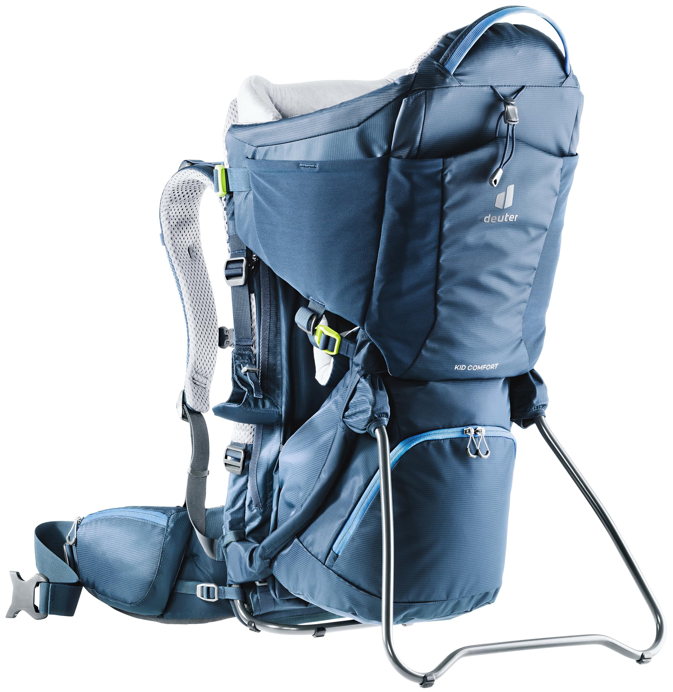 Deuter Kid Comfort Midnight front view shows secure child carrier for easy family hikes