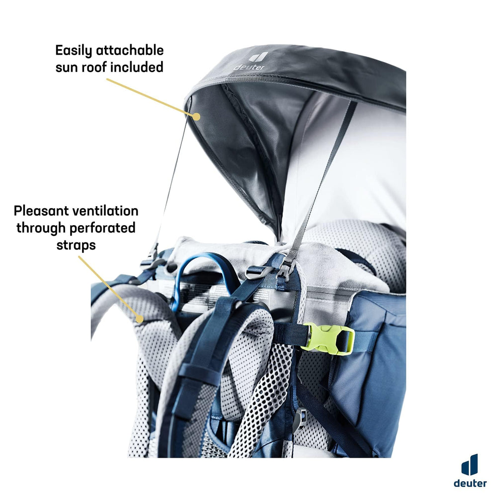 Deuter Kid Comfort Midnight padded hip belt and fins support stable balance and comfortable carry