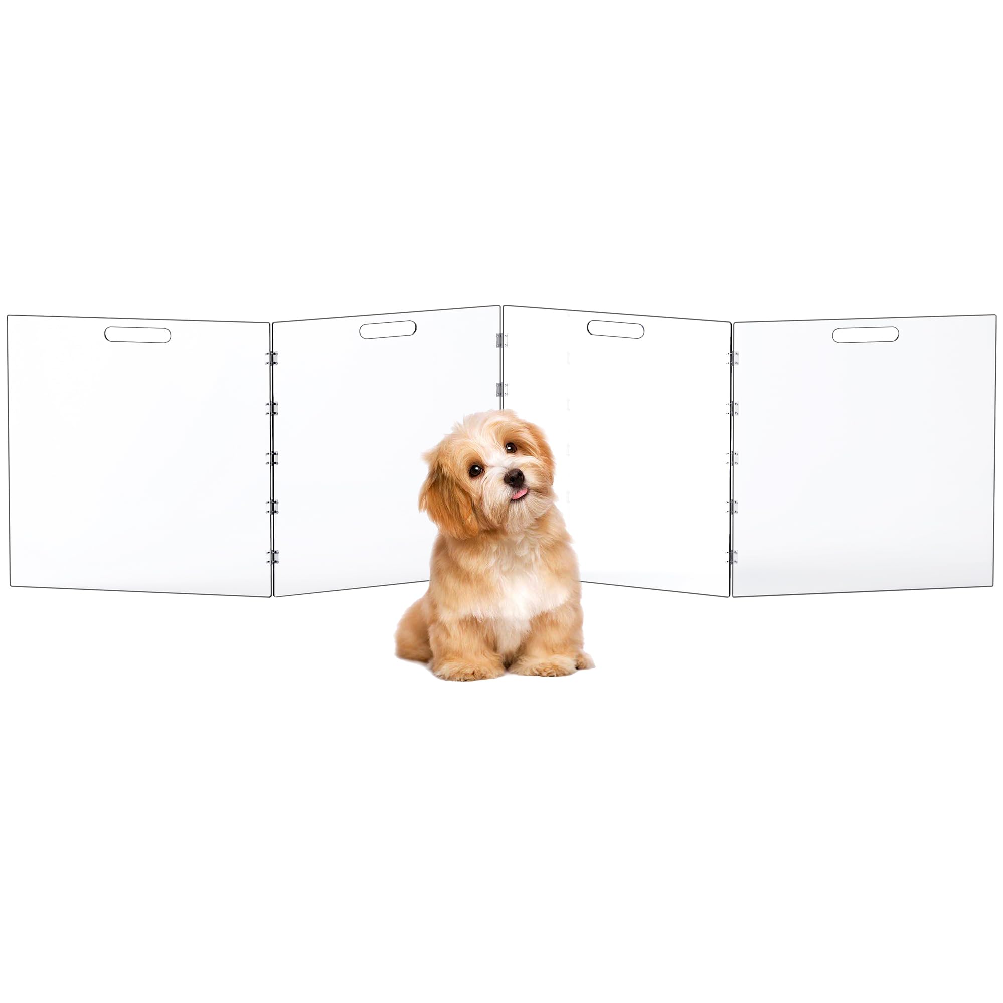 Dewrhiixe Clear Acrylic Dog Gate in 4-panel assembly offers unobstructed visibility and pet containment.