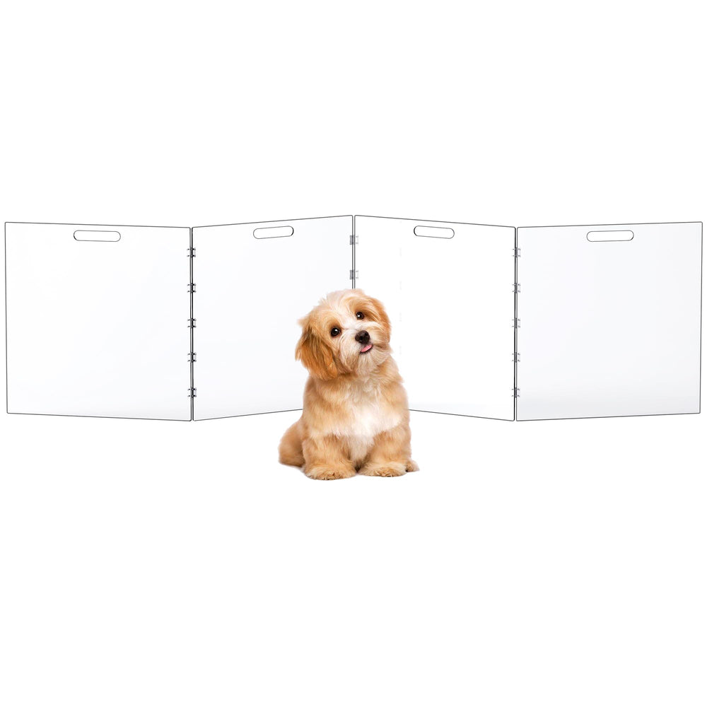 Dewrhiixe Clear Acrylic Dog Gate in 4-panel assembly offers unobstructed visibility and pet containment.