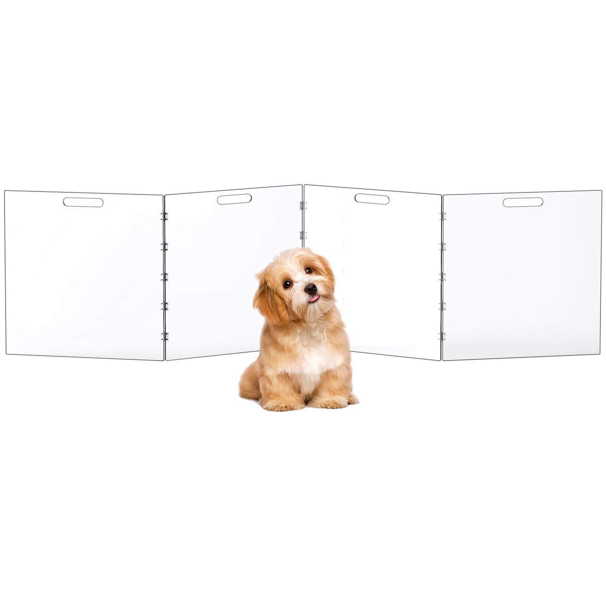 Dewrhiixe Clear Acrylic Dog Gate in 4-panel assembly offers unobstructed visibility and pet containment.